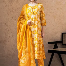 STYLEBAAZI Women Floral Embroidered Regular Thread Work Pure Cotton Kurta with Trousers & With Dupatta-13