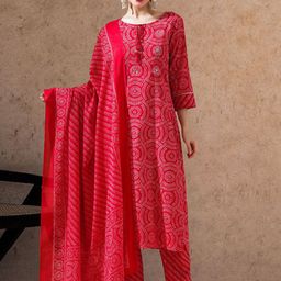 STYLEBAAZI Bandhani Printed Sequinned Pure Cotton Straight Kurta With Trouser And Dupatta-1