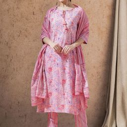 STYLEBAAZI Floral Printed Tie-Up Neck Pure Cotton Kurta With Trousers And Dupatta-image-29