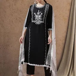 STYLEBAAZI Floral Embroidered Pure Cotton Straight Kurta With Trousers And Dupatta-54
