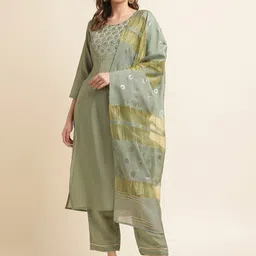 House of Pataudi Olive Green Yoke Design Straight Kurta and Trousers With Dupatta-image-60