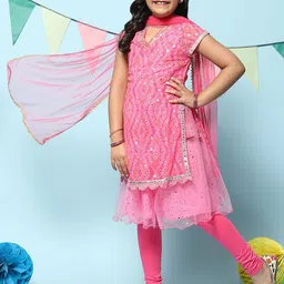 Biba Girls Layered Mirror Work Kurta With Leggings & Dupatta-image-68