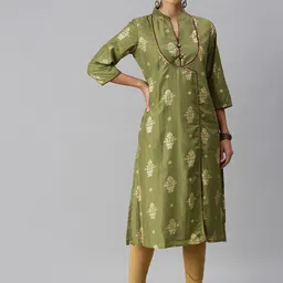 SHOWOFF Women Olive Green Embroidered Sequinned Silk Crepe Kurta with Trousers-image-24