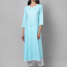Cantabil Geometric Printed Thread Work Kurta With Trousers image 1