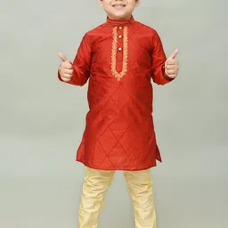 BAESD Boys Ethnic Embroidered Regular Thread Work Dupion Silk Kurta with Pyjamas-image-75