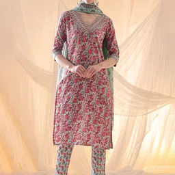Anouk Floral Printed Pure Cotton Kurta with Trousers & With Dupatta-image-61