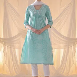 Anouk Turquoise Blue Floral Printed A-Line Pure Cotton Kurta with Trousers & Dupatta-image-17