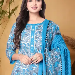 Anouk Blue Geometric Printed Pure Cotton Kurta With Trousers & Dupatta-9