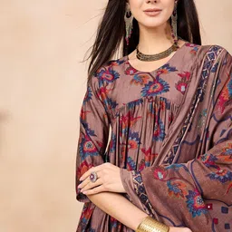 Anouk Brown Floral Printed Empire Kurta With Trouser & Dupatta-31