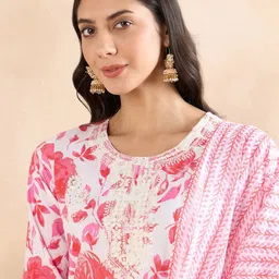 Anouk Floral Printed Regular Thread Work Pure Cotton Kurta With Trousers & Dupatta image 3