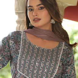 SINGNI Floral Printed Mirror Work A-Line Kurta With Trousers & Dupatta image 2