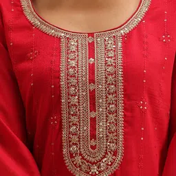Libas Red & Gold-Toned Ethnic Motifs Embroidered Sequined Kurta with Trousers & Dupatta image 3
