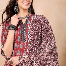 Anouk Mandarin Collar Ethnic Motifs Printed Regular Pure Cotton Straight Kurta Set-47
