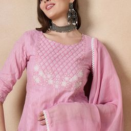 Anouk Embroidered Panelled Thread Work Pure Cotton Straight Kurta with Trousers & Dupatta-image-24