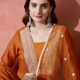 Sangria Orange Floral Embroidered Pleated Thread Work A-Line Kurta With Trouser & Dupatta-picture-5