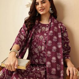 Anouk Floral Printed Regular Pure Cotton Kurta With Trousers & Dupatta-image-24