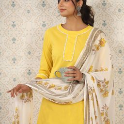 Ode by House of Pataudi Round Neck Floral Regular Thread Work Pure Cotton Kurta Set-image-95