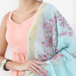 Vishudh Peach Geometric Printed Regular Kurta with Trousers & With Dupatta image 4