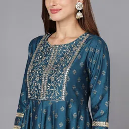 AHIKA Ethnic Motifs Printed Mirror Work Kurta with Palazzos & Dupatta image 3
