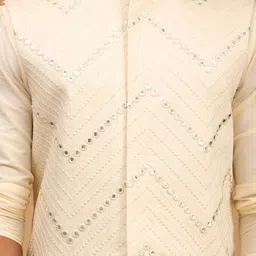 SHRESTHA BY VASTRAMAY Men Cream-Coloured Kurta & Churidar With Mirror Work Jacket Set image 4