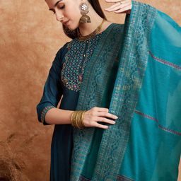 Sangria Teal Blue Embroidered Zari Sequence A Line Kurta & Trousers Dupatta-45