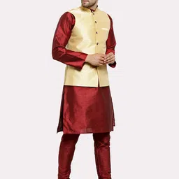Kaifoo Men Maroon and Cream colour Kurta Set With Nehru Jacket image 3