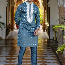 Be Desi Men Ethnic Motifs Embroidered Regular Thread Work Kurta with Pyjamas image 5