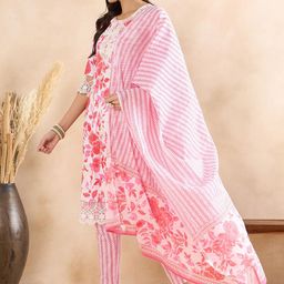 Anouk Floral Printed Regular Thread Work Pure Cotton Kurta With Trousers & Dupatta image 5