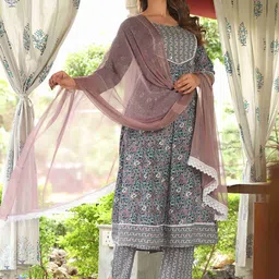 SINGNI Floral Printed Mirror Work A-Line Kurta With Trousers & Dupatta image 5