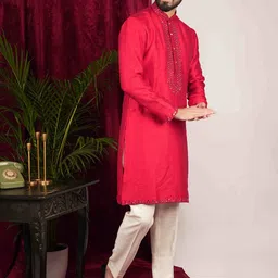 sven suits Yoke Design Regular Mirror Work Dupion Silk Kurta with Trousers image 3