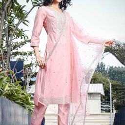 Anouk Pink Ethnic Motifs Embroidered Notch-Neck Straight Kurta With Trouser & Dupatta-picture-13