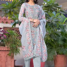 Label Khoj Floral Printed Thread Work Straight Linen Kurta With Trousers & Dupatta image 5