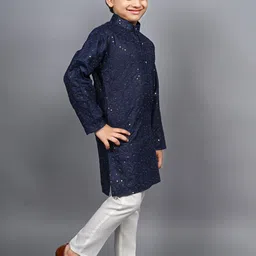 ahhaaaa Boys Embroidered Band Collar Sequinned Regular Kurta with Pyjamas image 2
