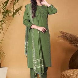 Anouk Green Ethnic Motifs Yoke Design Sequined Straight Kurta with Trouser & Dupatta image 5