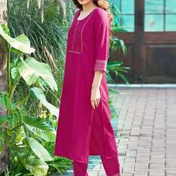 KALINI Floral Yoke Design Regular Sequinned Straight Kurta with Trouser & Dupatta image 3