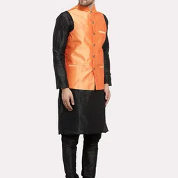 Kaifoo Men Black and orange Kurta Set With Nehru Jacket image 3