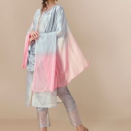 Sangria Grey & Gold Woven Design Notched Neck Sequinned Kurta With Trouser & Dupatta image 5