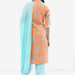 Vishudh Peach & Blue Ethnic Motifs Printed Kurta With Palazzos & Dupatta image 5