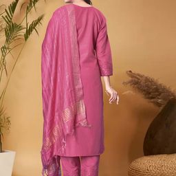 Anouk Pink Ethnic Motifs Yoke Design Sequined Straight Kurta with Trouser & Dupatta image 2