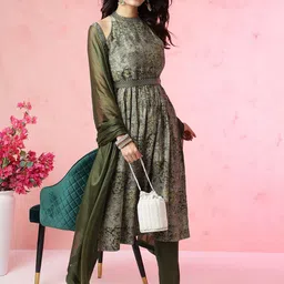 Anouk Olive Ethnic Print Empire Beads & Stones Chanderi Silk Kurta with Churidar & Dupatta-23