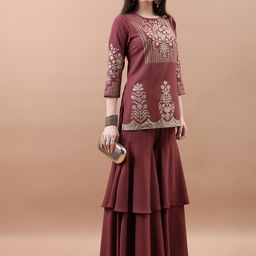 Vishudh Maroon Ethnic Motifs Printed Regular Kurti With Sharara image 4