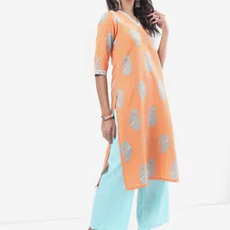 Vishudh Peach & Blue Ethnic Motifs Printed Kurta With Palazzos & Dupatta image 2