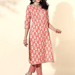 Anouk Coral Ethnic Motifs Printed Thread Work Pure Cotton Kurta With Trousers & Dupatta-image-58