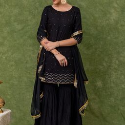 KASYA Embroidered Regular Sequinned Kurta with Sharara & Dupatta image 2
