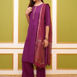 Vishudh Magenta Embroidered Kurta & Palazzos With Dupatta image 4