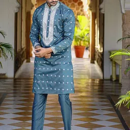 Be Desi Men Ethnic Motifs Embroidered Regular Thread Work Kurta with Pyjamas image 3