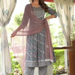 SINGNI Floral Printed Mirror Work A-Line Kurta With Trousers & Dupatta image 3