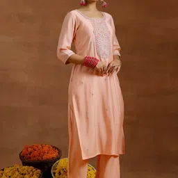 Gerua By Libas Floral Yoke Design Regular Sequinned Straight Kurta With Trousers & Dupatta image 4