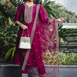 Anouk Burgundy Ethnic Motifs Embroidered Notch-Neck Straight Kurta With Trouser & Dupatta-picture-20