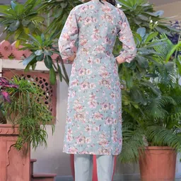 Label Khoj Floral Printed Thread Work Straight Linen Kurta With Trousers & Dupatta image 4